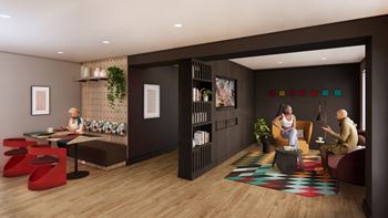 An artist's rendering of LVL West's resident lounge, featuring cozy lounging areas and coffee tables where residents can meet, or enjoy some privacy and quiet for studying or reading. and chairs, multiple hut booths where residents can study or lounge, as well as a kitchen area with a coffee machine.